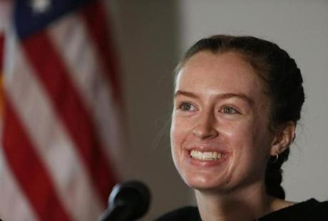 She kept her cool. Maggie Taraska, 17, smiled as she talked to reporters at a news conference about her emergency landing Sunday at Beverly Regional Airport. 
