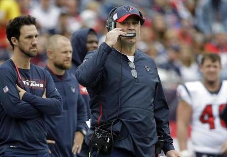 Houston Texans head coach Bill O'Brien watches from the sideline during the first half of an NFL football game against the New England Patriots, Sunday, Sept. 9, 2018, in Foxborough, Mass. (AP Photo/Steven Senne)
