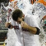 Boston, MA--9/9/2018-- Red Sox Mitch Moreland is doused with gatorade as he gives an interview following his game winning RBI against the Astros at Fenway Park. (Jessica Rinaldi/Globe Staff) Topic: RedSox-Astros Reporter: 