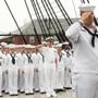 Boston, MA - 9/11/18 - Sailors salute the Colors, as the National Anthem is played. The USS Constitution holds a 9/11 remembrance ceremony, with one-gun salutes marking moments planes hit and towers fell. Photo by Pat Greenhouse/Globe Staff Topic: 12nineeleven Reporter: XXX