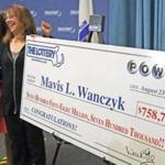 Mavis L. Wanczyk (right) with state treasurer Deborah Goldberg. Wanczyk was the luckiest lottery customer of the fiscal year ? a $758 million winner.