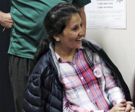 Safiya Wazir, a 27-year-old refugee from Afghanistan, reacted Tuesday in Concord, N.H., after learning she defeated four-term incumbent State Representative Dick Patten in the Democratic primary for New Hampshire's District 17 state representative seat.
