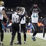 FILE - In this Jan. 21, 2018, file photo, Jacksonville Jaguars linebacker Myles Jack (44) reacts after recovering a fumble during the second half of the AFC championship NFL football game against the New England Patriots, in Foxborough, Mass. Just eight months ago, the Jaguars played in their team's final game of the 2017 season, the closest the small-market franchise has ever been to the Super Bowl. (AP Photo/David J. Phillip, File)