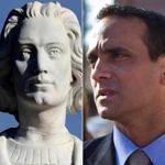 Somerville Mayor Joe Curtatone (right) and a statue of Christopher Columbus.