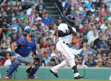 Boston MA 9/15/18 Boston Red Sox Jackie Bradley Jr. and New York Mets catcher Kevin Plawecki watching he flight of Bradley's 2 RBI ground rule double during fifth inning action at Fenway Park. (photo by Matthew J. Lee/Globe staff) topic: reporter: 
