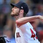 Boston, MA: 9-16-18: Red Sox starting pitcher Chris Sale fires a pitch. The Red Sox hosted the New York Mets in an inter league regular season MLB baseball game at Fenway Park. (Jim Davis/Globe Staff) 