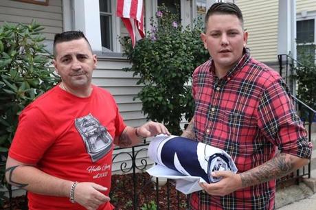 MALDEN, MA - 9/19/2018: Red Sox banner found....L-R Louie Iacuzzi and James Amaral in Malden.(David L Ryan/Globe Staff ) SECTION: METRO TOPIC stand alone photo
