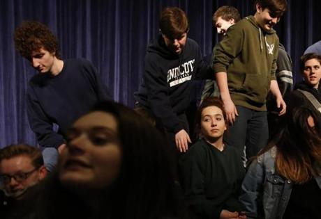 Hamilton, MA -- 3/06/2018 - At the technical rehearsal for semi-finals, Deb and the actors from the Peabody Veterans Memorial High School drama club disbanded after posing for a group photo. (Jessica Rinaldi/Globe Staff) Topic: Reporter: Jenna Russell

