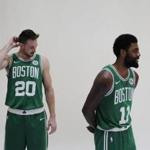 Canton, MA - 9/24/2018 Kyrie Irving and Gordon Hayward prepare to have their picture taken at the Boston Celtics Media Day in Canton, Mass. on Monday September 24, 2018.(Michael Swensen for The Boston Globe) Topic: (metro) 