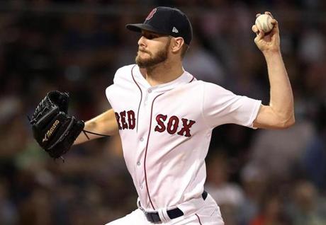 Boston, MA: 9-26-18: FOR POSSIBLE USE WITH FUTURE RED SOX STORY....Red Sox starting pitcher Chris Sale is pictured. The Boston Red Sox hosted the Baltimore Orioles in the first game of a day-night MLB baseball doubleheader at Fenway Park (Jim Davis/Globe Staff)
