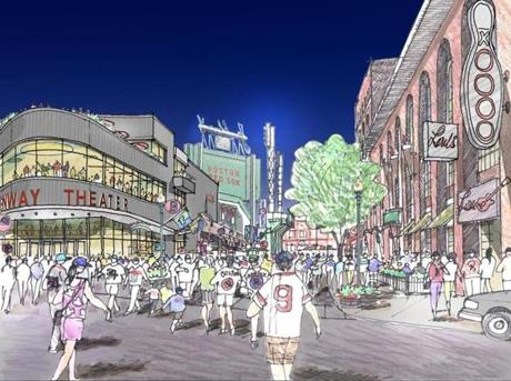 Rendering of a proposed music theater the Red Sox owners and Live Nation would build alongside Fenway Park.
