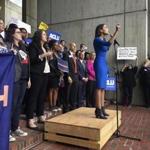 10/1/18-Congressional Candidate Alexandria Ocasio-Cortez of New York speaks at rally outside City Hall. Jessica Rinaldi/ Globe Staff. Boston Globe cell phone