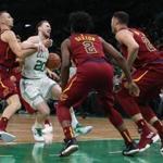 Boston MA 10/02/18 Boston Celtics Gordon Hayward is fouled by Cleveland Cavaliers Sam Dekker during first quarter action at TD Garden. (photo by Matthew J. Lee/Globe staff) topic: reporter: 