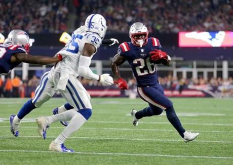 Foxborough, MA 10/04/18: Patriots Sony Michel ran into the end zone for a touchdown in the second quarter. New England Patriots hosted the Indianapolis Colts at Gillette Stadium Sunday, Oct. 4, 2018. (John Tlumacki/Globe Staff)
