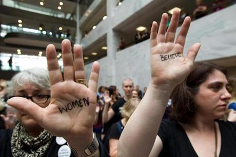 Protestors gather in the Hart Senate Office Building on September 27, 2018 in Washington, DC, in support of Christine Blasey Ford, who is testifying against Supreme Court Justice nominee Brett Kavanaugh at a Senate Judiciary Committee hearing. (Photo by Jose Luis Magana / AFP)JOSE LUIS MAGANA/AFP/Getty Images
