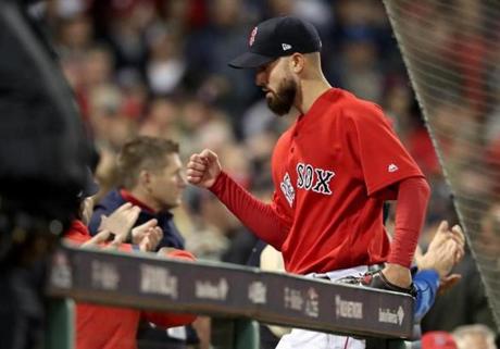 Boston, MA 10/05/18: Red Sox pitcher Rick Porcello heads to the dugout after being pulled from the game in the eighth inning. Boston Red Sox hosted the New York Yankees in the first game of the ALDS at Fenway Park Friday, Oct. 5, 2018. (Jim DavisGlobe Staff)
