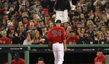 Boston, MA 10/06/18: Red Sox pitcher David Price walks towards the dugout after being pulled from the game in the second inning. Boston Red Sox hosted the New York Yankees in the second game of the ALDS at Fenway Park Saturday, Oct. 6, 2018. (John Tlumacki/Globe Staff)
