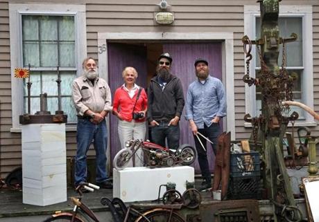 The Roslindale art studio where the Ulman family creates. From left: father Marty, 75, a sculptor; mother Judy, 72, a photographer; son Michael, 42, a sculptor; and son Jonathan, 38, a musician. 
