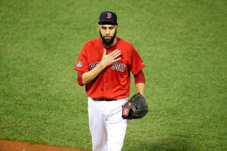 Boston, MA 10/06/18: Red Sox pitcher David Price walks off the field in the middle of first inning. Boston Red Sox hosted the New York Yankees in the second game of the ALDS at Fenway Park Saturday, Oct. 6, 2018. (Stan Grossfeld/Globe Staff)
