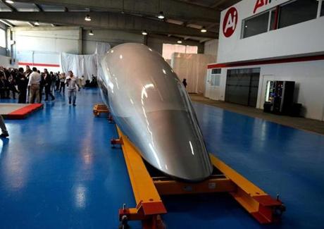 A full-scale passenger Hyperloop capsule is presented by Hyperloop Transportation Technologies on October 2, 2018 in El Puerto de Santa Maria. - A hyperloop is a shuttle that travels on magnetic rails, somewhat like a train, but which runs in a tube with little or no air. In theory, hyperloops could allow travel faster than the speed of sound. 
