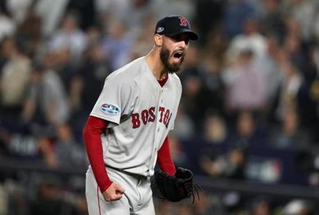 New York, NY- 10/9/18 - Yankee Stadium - Red Sox starting pitcher Rick Porcello reacts after getting Aaron Hicks to fly out to end the 5th inning. Boston Red Sox vs. New York Yankees in game 4 of the ALDS at Yankee Stadium. (Jim Davis/Globe staff)
