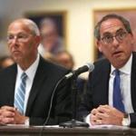 Dr. Howard Grant, CEO of Lahey Health (left) and Dr. Kevin Tabb, CEO of Beth Israel Deaconess Medical Center, addressed a meeting of the state?s Public Health Council in April.