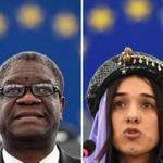 (COMBO) This combination created on October 5, 2018 of file pictures shows Congolese gynaecologist Denis Mukwege (L, on November 26, 2014 at the European Parliament in Strasbourg) and Nadia Murad, public advocate for the Yazidi community in Iraq and survivor of sexual enslavement by the Islamic State jihadists (on December 13, 2016 at the European parliament in Strasbourg). - Congolese doctor Denis Mukwege and Yazidi campaigner Nadia Murad won the 2018 Nobel Peace Prize on October 5, 2018 for their work in fighting sexual violence in conflicts around the world. (Photo by Frederick FLORIN / AFP)FREDERICK FLORIN/AFP/Getty Images