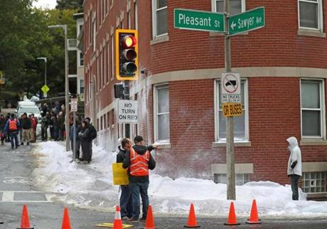 BOSTON, MA - 10/12/2018: SNOW ALREADY IN BOSTON...filming in Dorchester shows a snowy street scene. Fake snow on the set of the Netflix film 