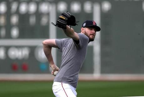Boston, MA - 10/12/2018 - Boston Red Sox starting pitcher Chris Sale (41) at today's Red Sox workout in preparation for Game 1 of the ALCS vs. the Houston Astros at Fenway Park. - (Barry Chin/Globe Staff), Section: Sports, Reporter: Peter Abraham, Topic: 13Red Sox, LOID: 8.4.3455684276.
