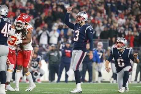 Foxborough MA 10/14/18 New England Patriots Stephen Gostkowski reacts after making the game winning field goal against the Kansas City Chiefs during fourth quarter action at Gillette Stadium. (photo by Matthew J. Lee/Globe staff) topic: reporter: 
