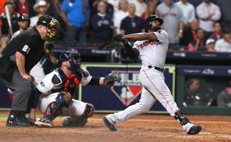 Jackie Bradley Jr. launched a grand slam deep to right that gave the Red Sox an 8-2 lead in the eighth inning.

