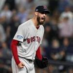 New York, NY- 10/9/18 - Yankee Stadium - Red Sox starting pitcher Rick Porcello reacts after getting Aaron Hicks to fly out to end the 5th inning. Boston Red Sox vs. New York Yankees in game 4 of the ALDS at Yankee Stadium. (Jim Davis/Globe staff)