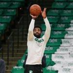 Boston MA 10/16/18 Boston Celtics Kyrie Irving shooting around before they play the Philadelphia 76ers at TD Garden. (photo by Matthew J. Lee/Globe staff) topic: reporter: 