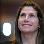 FILE - In this Feb. 12, 2011, file photo, then-Rep. Mary Bono, R-Calif., listens at the Conservative Political Action Conference (CPAC) in Washington. Former California Congresswoman Bono announced her resignation Tuesday, Oct. 16, 2018, as the interim president at USA Gymnastics after just four days on the job. (AP Photo/Cliff Owen, File)