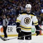 Boston Bruins right wing David Backes prepares for play against the Tampa Bay Lightning during the third period of Game 2 of an NHL second-round hockey playoff series Monday, April 30, 2018, in Tampa, Fla. (AP Photo/Chris O'Meara)