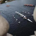 Crews of eight raced up the Charles River after passing under a bridge at the Head of the Charles Regatta on Saturday.