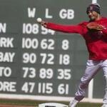 Boston, Ma- October 21, 2018-Stan Grossfeld/ Globe Staff?Practice before Game 1 of World Series-Mookie Betts practices at second base at Fenway Park.