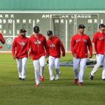 Boston10/20/18 TheRed Sox held a practice at Fenway Park as they prepare for Tuesday's start of the World Series at Fenway Park. Players do warmup runs in the outfield. Photo by John Tlumacki/Globe Staff(sports)