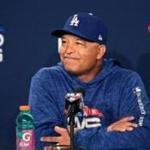 Dodgers manager Dave Roberts took questions from reporters at Fenway Park Monday. 