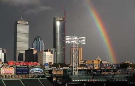 RED SOX SLIDER23 Boston, MA - 10/23/2018 - A rainbow over Fenway Park before the game. The Boston Red Sox host the LA Dodgers in Game 1 of the World Series at Fenway Park. (John Tlumacki/Globe Staff)
