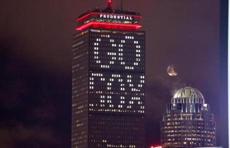 Boston, MA - 10/23/2018 - The Prudential building is lit up supporting the Red Sox. The Boston Red Sox host the LA Dodgers in Game 1 of the World Series at Fenway Park. (John Tlumacki/Globe Staff)
