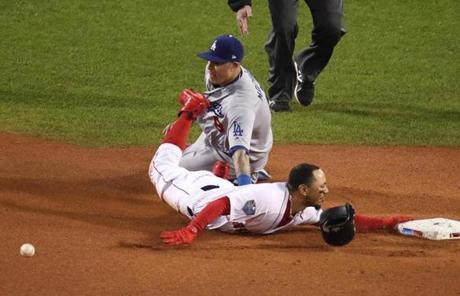 RED SOX SLIDER23 Boston, MA - 10/23/2018 - Red Sox Mookie Betts stole to second base in the first inning. The Boston Red Sox host the LA Dodgers in Game 1 of the World Series at Fenway Park. (John Tlumacki/Globe Staff)
