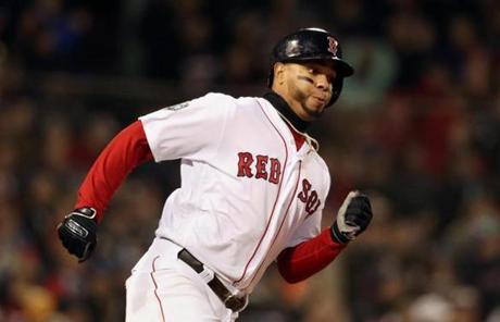 RED SOX SLIDER24 Boston, MA - 10/24/2018 -Xander Bogaerts hustles down the line after hitting double during 2nd inning of Game 2 of the World Series. The Boston Red Sox host the Los Angeles Dodgers in Game 2 of the World Series at Fenway Park. (Jim Davis/Globe staff)
