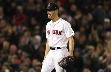 RED SOX SLIDER24 24redsoxSlider30 Boston, MA - 10/24/2018 - Joe Kelly sticks out his tongue after retiring the side in the top of the 7th inning of Game 2 of the World Series. The Boston Red Sox host the Los Angeles Dodgers in Game 2 of the World Series at Fenway Park. (Jim Davis/Globe staff)
