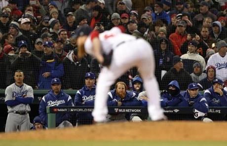 RED SOX SLIDER24 24redsoxSlider32 Boston, MA - 10/24/2018 - Dejected Dodger Bench as Craig Kimbrel pitches in the 9th inning of Game 2 of the World Series. The Boston Red Sox host the Los Angeles Dodgers in Game 2 of the World Series at Fenway Park. (Jim Davis/Globe staff)
