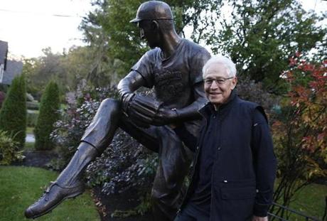 Newton, MA--10/23/2018-- Bob Gaynor poses for a portrait next to the bronze sculpture that he made of legendary Dodgers pitcher Sandy Koufax which now resides in his front yard. (Jessica Rinaldi/Globe Staff) Topic: 25BaseballSculpture Reporter: 
