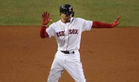 Mookie Betts danced at second base after his double in the seventh inning in Game 2 of the World Series. 
