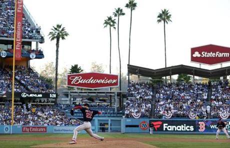 RED SOX SLIDER26 Los Angeles, CA - 10/26/2018 - Rick Porcello pitches in the second inning of Game 3 of the World Series. The Los Angeles Dodgers host the Boston Red Sox in Game 3 of the World Series at Dodger Stadium. (Jim Davis/Globe staff)
