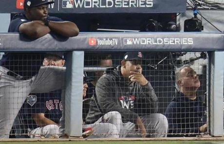 RED SOX SLIDER26 Los Angeles, CA - 10/26/2018 - Red Sox manager Alex Cora during sixth inning. Los Angeles Dodgers hosted the Boston Red Sox in Game 3 of the World Series at Dodger Stadium. (Stan Grossfeld/Globe Staff)
