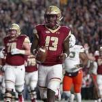 Chestnut Hill MA 10/26/18 Boston College Eagles quarterback Anthony Brown rushing touchdown against the University of Miami Hurricanes during first half action at Alumni Stadium. (photo by Matthew J. Lee/Globe staff) topic: reporter: 